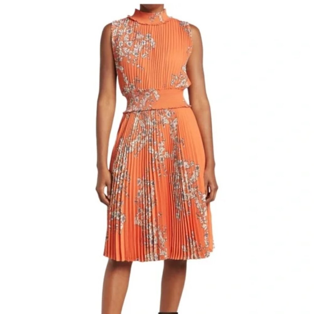 Nanette Lepore Pleated Sleeveless Dress in Orange Floral Print Size 8 NWT